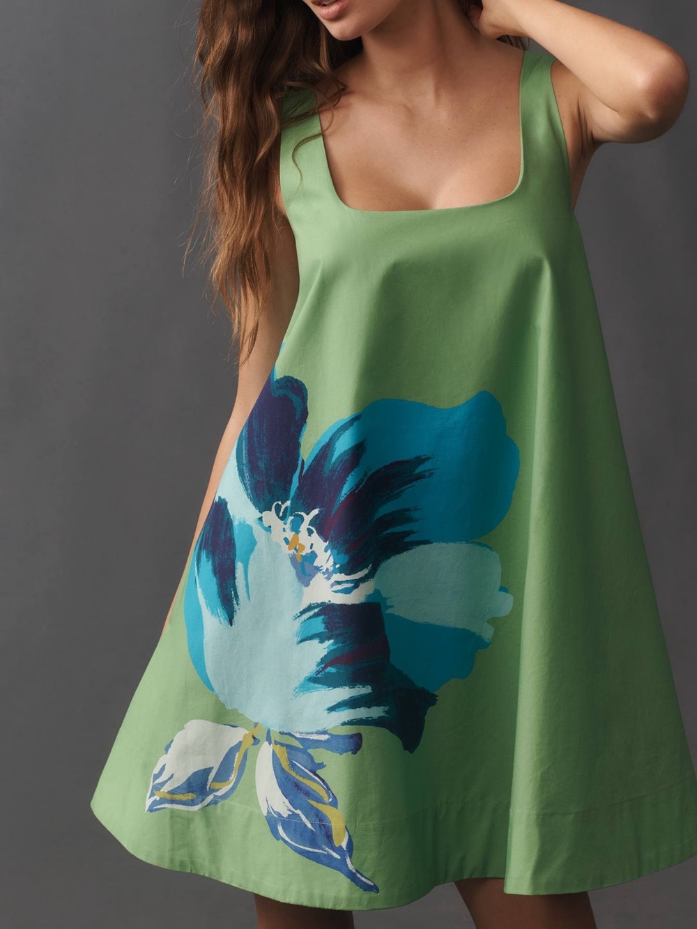 Anthropologie Maeve Square-Neck Cotton Poplin Mini Swing Dress in Green NWT